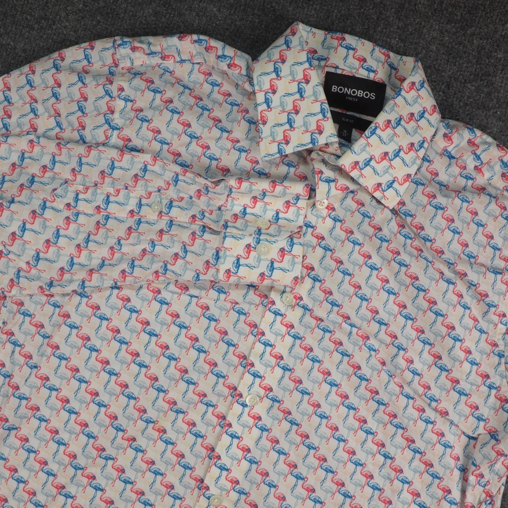 Bonobos Shirt Mens 16x33 Slim Fit White Flamingo Print Stretch Casual Summer